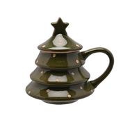 Widdop - Taza de cerámica para árbol de Navidad con tapa y parte superior de estrella, taza festiva verde oscuro para chocolate caliente, café y té, vasos de temporada e idea de regalo