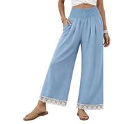 Wide Leg Pants For Women High Smocked Waist Pockets Floral Lace Hem (Blue,XL)