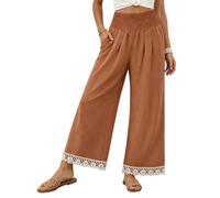 Wide Leg Pants For Women High Smocked Waist Pockets Floral Lace Hem (Brown,XXL)