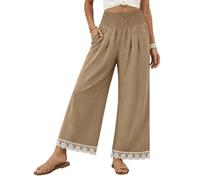 Wide Leg Pants For Women High Smocked Waist Pockets Floral Lace Hem (Khaki,XXL)