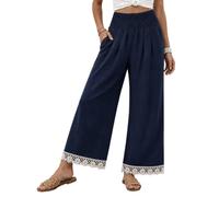 Wide Leg Pants For Women High Smocked Waist Pockets Floral Lace Hem (Navy,XXL)