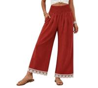 Wide Leg Pants For Women High Smocked Waist Pockets Floral Lace Hem (Red,M)