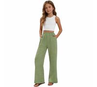 Wide Leg Trousers for Teenage Girls Lightweight Summer Casual Linen Pants with Pockets Kids Loose Fit Elastic Waist Plus Size Plain Long Trousers Girls Baggy Dress Suit Pant