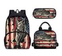 Wideasale Mochila con diseño de pez de bandera estadounidense para niños y niñas, juego de bolsa de libros de escuela primaria y media con fiambrera, estuche para lápices, jardín de infantes, mochila