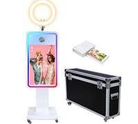 WideMeet Cabina de fotos con espejo mágico con pantalla táctil LCD de 32 pulgadas, funda de vuelo, mini PC integrado, luz de anillo RGB, compartir e imprimir, cabina para alquiler de eventos de boda