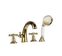 Widespread 4 Holes Bathtub Faucet with Hand Shower Deck Mounted Gold Shower Set Double Cross Handle Bathtub Filler with Hot and Cold Water
