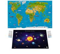 WIDETA Mapa del mundo ilustrado en español, para niños y adultos/Póster gran formato (82 x 44 cm), Papel sólido (gramaje 300g/m²) y laminado/Incluidos Póster del sistema solar y Adhesivos