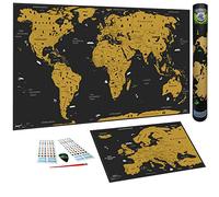 WIDETA Mapamundi para rascar en alemán, XXL (82 x 43 cm) / Tarjeta de Bonus de Europa, Herramientas de Goma, Pegatinas 3D y Paquete de Regalo