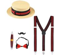 Widmann 68541 - Conjunto de disfraz The Wild 20s, 5 piezas, sombrero de paja, tirantes, pajarita, bigote y cigarro, Charleston, gángster, jefe de la mafia, accesorios, carnaval, disfraces, fiesta