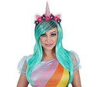 Widmann Srl peluca Unicornio Azul con cuerno orejas flores de mujer Adultos, Multicolor, wdm46942
