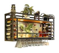 Widppsopt Botellero Industrial Redondo Colgante con Soporte para Copas, botellero de Pared, portabotellas Colgante de 2 Niveles, estantes flotantes para Bar, Cocina y cafetería.