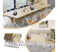 Widppsopt Conference Table Folding Room Tables on Wheels,Rectangular Meeting Flip Top Training Desk Modern Office Boardroom Desk with Metal Frame, Natural (6PCS)