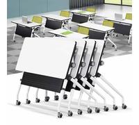 Widppsopt Foldable Conference Table with Flip-Top Design, White Seminar Meeting Table, Flip Top Large Mobile with Silent Locking Wheels Executive Desk for Meeting Room, Office, Classroom