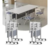 Widppsopt Modern Conference Room Tables, Folding Flip Top Conference Table, White Mobile Training Desk, Seminar Boardroom Desk, Meeting Room,Classroom 4pcs 140cm