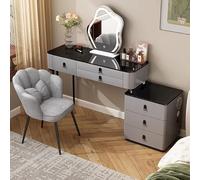 Widppsopt Tocadores, Conjunto de tocador con Espejo y Silla, Mesa de Maquillaje tocador salón niña, Tablero de Mesa de Cristal, encimera, 6 cajones con rieles deslizantes 80/100cm