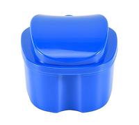Widybord Caja de dentadura postiza azul oscuro con colador, caja de baño de dientes falsos con cesta de red para viajes
