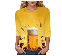 Wiesn T Shirt Rundhals bedruckt Basic T Shirt mit drei Viertelärmeln Trachten Ersatz Oktoberfest, Damen T-Shirt Für Das Oktoberfest Schatzerl Fun-Shirt Trachtenshirt Bierfest Outfit, amarillo, M