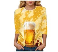 Wiesn T Shirt Rundhals bedruckt Basic T Shirt mit drei Viertelärmeln Trachten Ersatz Oktoberfest, Damen T-Shirt Für Das Oktoberfest Schatzerl Fun-Shirt Trachtenshirt Bierfest Outfit, amarillo claro, M