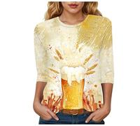 Wiesn T Shirt Rundhals bedruckt Basic T Shirt mit drei Viertelärmeln Trachten Ersatz Oktoberfest, Damen T-Shirt Für Das Oktoberfest Schatzerl Fun-Shirt Trachtenshirt Bierfest Outfit, beige, M