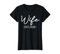 Wife EST 2026 Just Married Honeymoon Hubby Wedding Couple Camiseta gráfica económica, Mujer, Negro, M