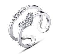 Wiftly Anillo de mujer con apertura ajustable de plata de ley 925 con circonita corazón Love Double Layer Boda Alianzas Alianzas de compromiso Anillo de moda banda anillo