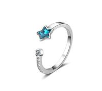 Wiftly Anillo solitario de plata 925 para mujer y niña, color azul, circonitas, estrellas, abierto, anillo de asociación, anillo negro, ajustable, Plata