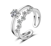 Wiftly Anillos de mujer ajustables de plata 925 + circonita, pentagrama simple, doble capa, apertura de anillo de diamante, Plata