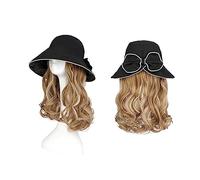Wig Cap Peluca de sombrero for el sol Pelucas sintéticas rizadas onduladas 18 pulgadas Sombrero natural con peluca pelo Gorro extensión cabello adjunto(8)