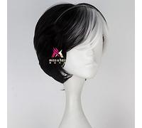 Wig for 101 Dalmatians Cruella De Vil Short Black White Synthetic Hair Cosplay Headwear Straight Halloween Party + Free Wig Cap