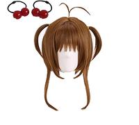 Wig For Card Captors Wigs Sakura Kinomoto Wig Light Brown Heat Resistant Synthetic Hair Cosplay Wig + Wig Cap + Red Balls Hairbands Wigandhairbands