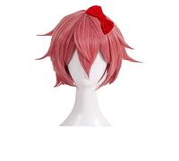 Wig For Doki Doki Literature Club Sayori Cosplay Wig Short Pink Red Heat Resistant Synthetic Hair Wig + Wig Cap+ Bow Hairpin WigAndBowHairpin
