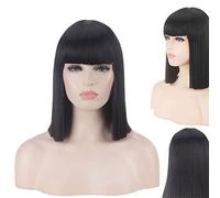 Wig for Halloween Fashion Christmas Party Dress Up Wig Bobo Head Blue Green Gray Rice White Black Red Pink Qi Bangs Anime Cos Nightclub Female Shoulder-Length Wave Straight Short Wig Color: 714-1 Bla