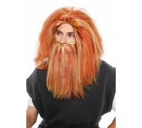 WIG ME UP - 108-A+B-ZA35+ZA130 Peluca y Barba Halloween Carnaval Hombres Masculino Salvaje Hombre Prehistórico Ermitaño Edad de Piedra Naranja Rubio y Rojo