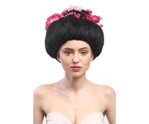 WIG ME UP- 4665-ZA103 Peluca señoras Carnaval Halloween Negra moño Geisha Maiko China Japón Flores