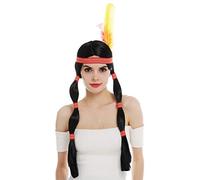 WIG ME UP- 6081-P103 Peluca para Mujeres Carnaval Pelo Largo Mujer indígena lejano Oeste Trenzas Negras Cinta para el Pelo Plumas