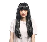WIG ME UP- 90799-ZA103 Peluca señoras Carnaval Negro guedejas Brillo Largo Flequillo oropel de Plata 55 cm