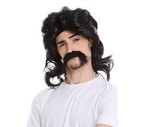 WIG ME UP- 91098-ZA103 Peluca y Bigotte Galiano Vikingo Hombre del Norte Largo Salvaje 70s chulo Retro mújol Negro