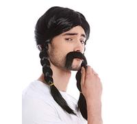 WIG ME UP- 91099-ZA103 Peluca y Bigotte Halloween Galiano Vikingo bárbaro Trenzas Trenzado Negro