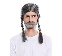 WIG ME UP- 91099-ZA63/ZA103 Peluca y Bigotte Halloween Galiano Vikingo bárbaro Viejo Trenzas Trenzado Gris Moteado