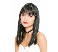 WIG ME UP - 91270-3-EZA103 Peluca de mujer para disfraz de carnaval, Halloween, hasta los hombros, recta, corte recto, cabello negro con oropel dorado
