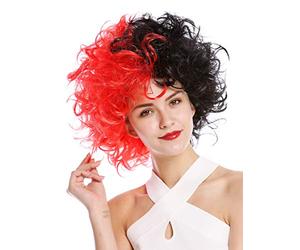 WIG ME UP- 91344-P103+PC13 Peluca Halloween Mujeres Hombres Diva Malvada Loca Masa de Pelo Rizado rebelde Mitad Rojo Mitad Negro