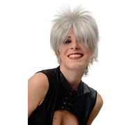 WIG ME UP- BLUE144-51 Peluca para mujeres pelo corto erizado mechones salvajes los años 80 wave punk color gris plata con unos mechones negros