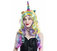 WIG ME UP - CW-012 Peluca carnaval unicornio arcoíris pelo largo rizos multicolor
