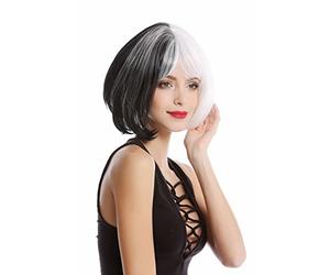 WIG ME UP- GF-W2289-1+1001 Peluca mujer corta Cosplay peinado Bob/Longbob mitad color blanca mitad negra