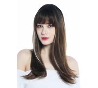 WIG ME UP - LC252-8/27-18T/80 Peluca para mujeres pelo largo liso flequillo castaño mechas rubias platinas highlights