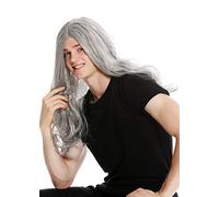 WIG ME UP- LM-155-ZA68E Peluca Hombre Mujer Larga Salvaje Raya en Medio Heavy Metal roquero Alto Hippie Gris