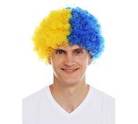 WIG ME UP- MMAM-15M Peluca Carnaval Afro hinchas del fútbol Cabello Amarillo Azul Partido por la Mitad