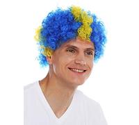 WIG ME UP- MMAM-15M Peluca Carnaval Afro hinchas del fútbol Copa Mundial Cruz Amarilla sobre el Fondo Azul Suecia