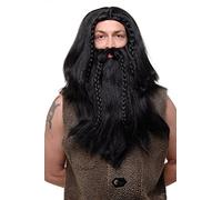 WIG ME UP- RJ033-P103 Peluca Larga con Barba Trenzada para Hombres Carnaval Vikingo bárbaro Enano Negro