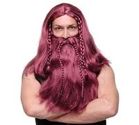WIG ME UP- RJ033-P67 Peluca Larga Barba Trenzada para Hombres Carnaval Vikingo bárbaro gnomo pelirojo-Oscuro